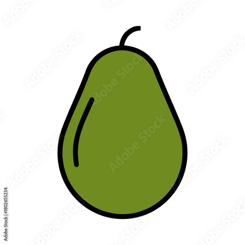 Depiction of a Whole Olive Green Avocado Fruit with Black Outline on Isolated White Background