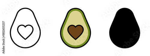 Avocado halves with heart shaped pits in various outline and solid styles on white