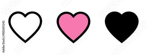 Three Heart Shapes in Black Outline, Pink Fill and Solid Black on White Background
