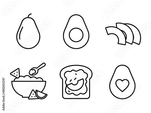 Outline style showing Avocado preparation, halves, slices, guacamole, and Avocado toast