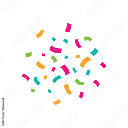 A centralized cluster of simple graphic confetti pieces floating in a tight group featuring a bright, modern color palette on white