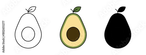 Three avocado fruit halves with leaves in various styles on a white background