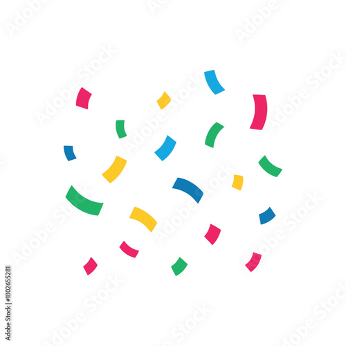 A simple and clean illustration of floating confetti pieces scattered across a pure white background in bright primary colors