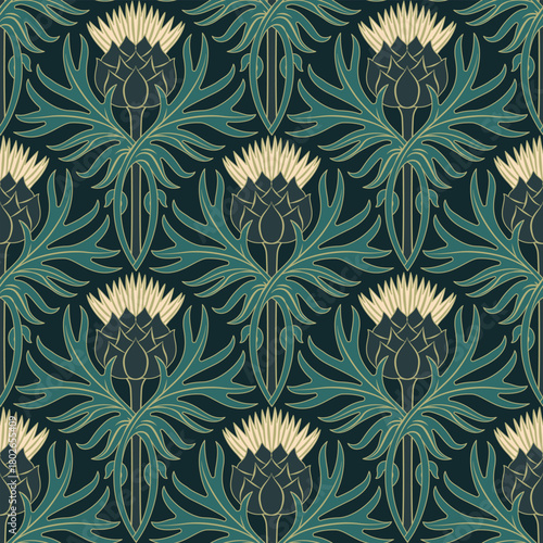Art Nouveau pattern featuring ivory thistle flowers on a golden diamond background. Suitable for wallpaper, home decor, and fabrics.