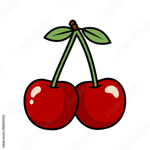 Two Cherries Together with Stems and Leaves in Simplistic Style on White Backdrop
