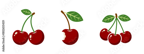 Three depictions of stylized red cherries with stems and green leaves on white