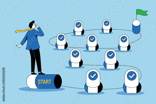 Businessman at start of winding path to goal with checkpoints