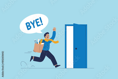 Employee leaving job with a box, waving goodbye, career change