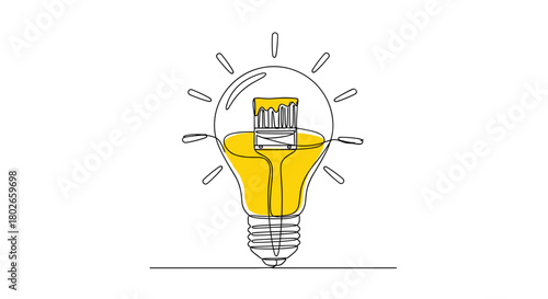 Lightbulb with paintbrush inside one line drawing filled with bright yellow, inspired mood, creative idea and art innovation concept, with copy space
