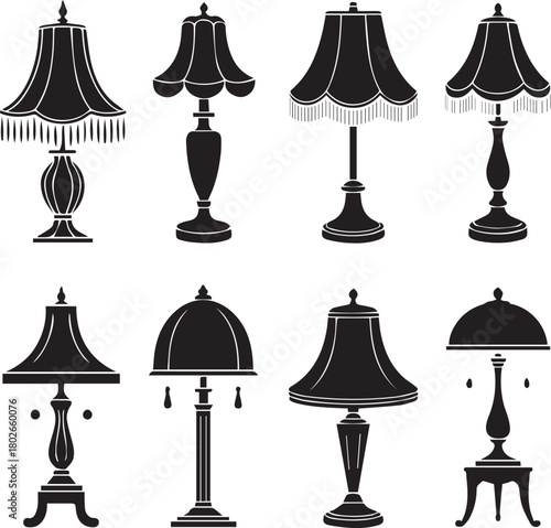 Collection of eight black silhouette table lamps on white background vector