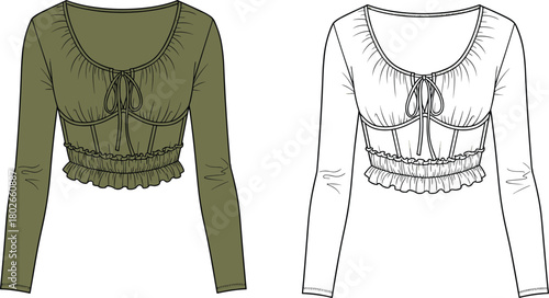 Cropped top fashion sketch with tie detail, scoop neckline, ruffle hem, gathered bust, front view and technical drawing garment illustrationCropped top fashion sketch with tie detail, scoop neckline, 