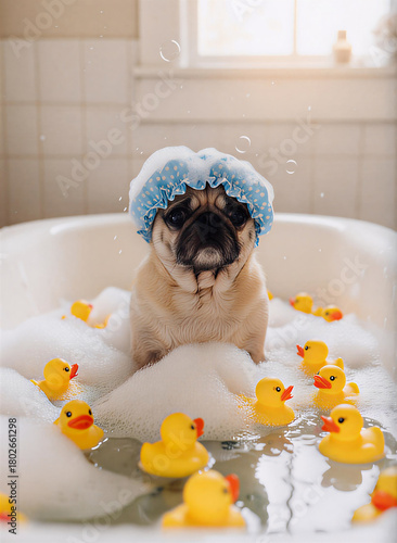 Cute Pug Bathing With Bubbles, Rubber Ducks, And Blue Shower Cap In Bathtub Home Spa
