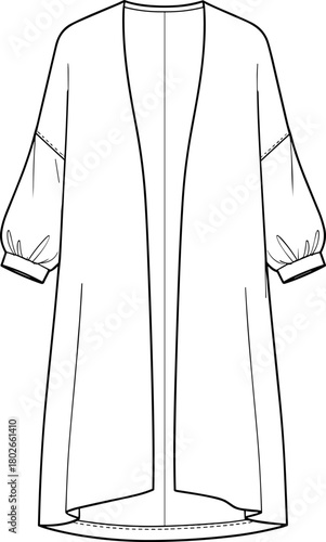 Loose fit open front cardigan technical sketch, fashion flat drawing, garment design template, apparel vector outline, casual outerwear illustration, stock imageLoose fit open front cardigan technical