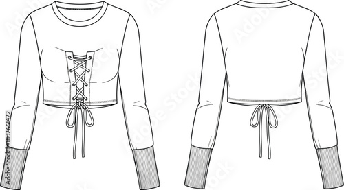 Cropped lace-up long sleeve top fashion sketch, front and back view, technical garment drawing, trendy corset detail, drawstring hem illustrationCropped lace-up long sleeve top fashion sketch, front a