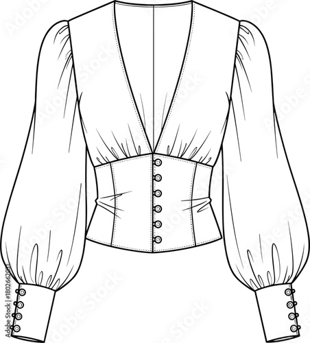 Women's blouse technical fashion sketch, deep V-neck, corset waist, bishop sleeves, button cuff detail, garment design vector illustration, black and whiteWomen's blouse technical fashion sketch, deep