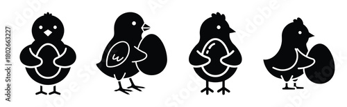 chick holding egg Easter silhouette art, black color and white background