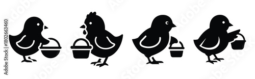chick with basket Easter silhouette art, black color and white background