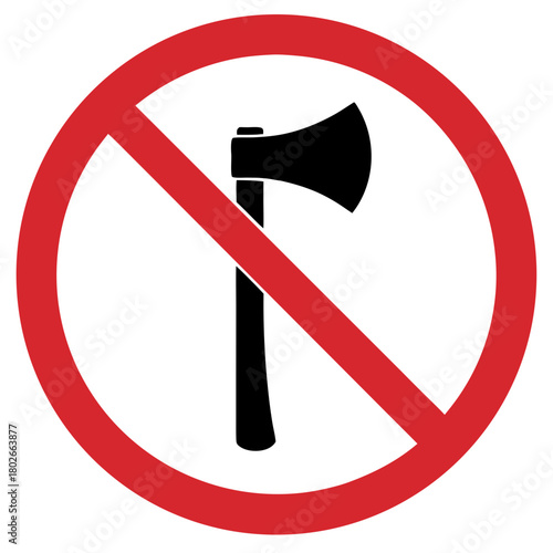 No axes allowed sign in red circle on white background