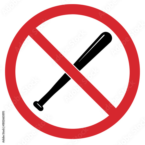No baseball bats allowed sign in red circle on white background