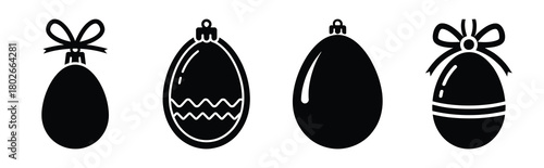 egg ornament ribbon Easter silhouette art, black color and white background