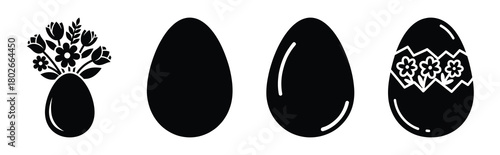 egg with flowers Easter silhouette art, black color and white background