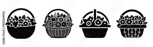 floral basket Easter silhouette art, black color and white background
