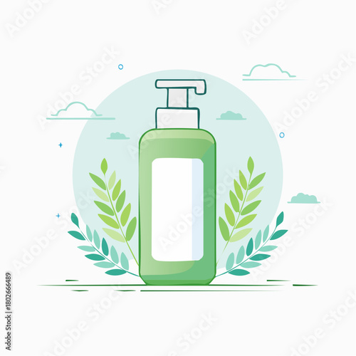 Flacon de lotion stylisé vectoriel pour soins corporels vert et blanc