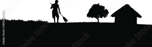 Rural silhouette scene, farmer with rake, tree and hut, peaceful countryside, black vector art, nature lifestyle, flat vector illustration