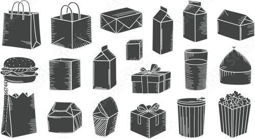Packaging and food container silhouette set, paper bags, boxes, soda can, burger, black vector art, flat vector illustration