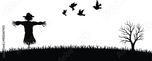 Scarecrow silhouette in field, birds flying away, leafless tree, rustic countryside scene, black vector art, flat vector illustration