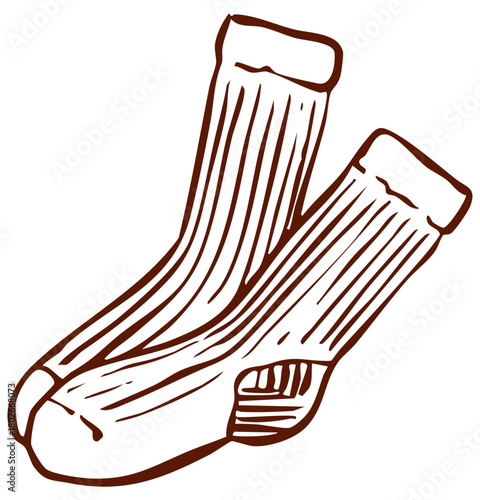 Hand drawn wool socks in simple brown line art. Cozy autumn and winter vector illustration. Seasonal graphic.