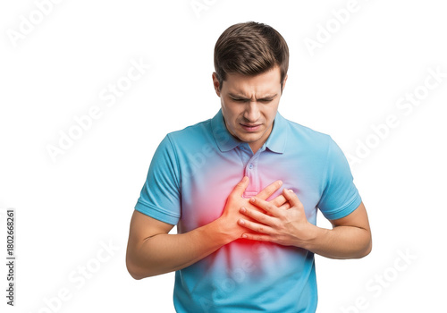 An unwell man in light blue shirt clutching his chest with a red glow indicating chest pain or heart discomfort on a plain transparent background
