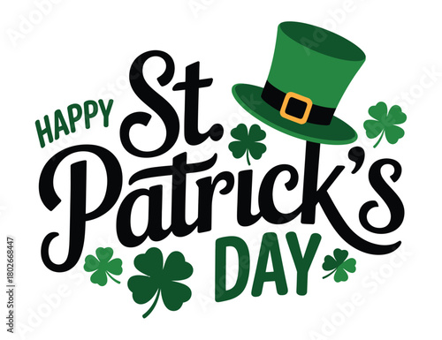 Happy St. Patrick's Day greeting with shamrocks and a festive green hat.