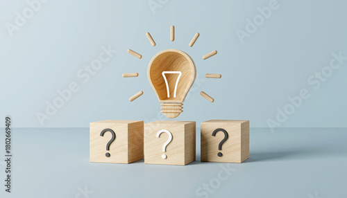 Unlocking the power of innovation and bright ideas, depicted by a glowing lightbulb symbol above three wooden cubes with question marks, representing curiosity and discovery