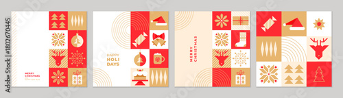 Modern geometric Christmas set with bold red and gold icons, patterns, and holiday elements. Perfect for cards, posters, packaging, and festive graphic designs.