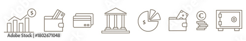Banking and finance line icon set isolated on transparent background. Includes coins, wallet, card, income, statistics, and bank symbols. Minimal editable-stroke design.