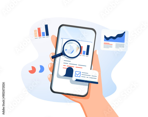 Hand holding smartphone displays data visualizations, including histogram and pie chart. Vector, Analytics, digital
