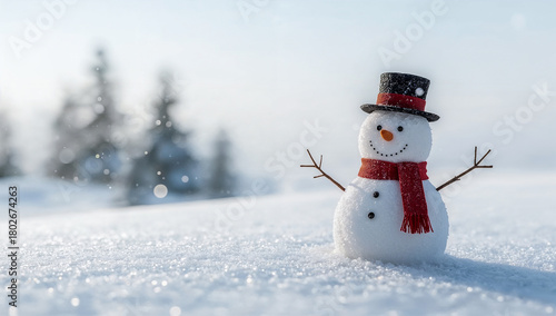 Snowman in a winter landscape. Christmas card background