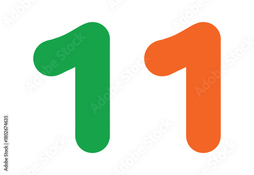 Two colorful numbers, one green and one orange, stand side-by-side on a white background, representing numbers and counting.