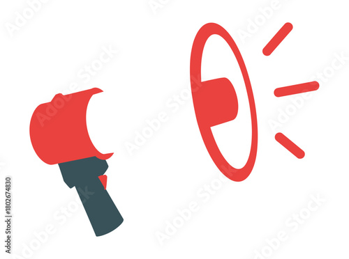 Two red megaphones are depicted against a white background, one facing left and the other right, with sound waves emanating from the latter.