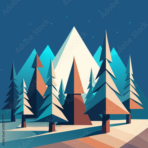 Geometric winter forest scene with snow capped mountains under a starry night sky
