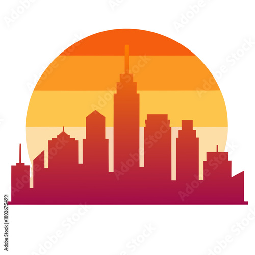 Vibrant cityscape silhouette against a warm sunset horizon