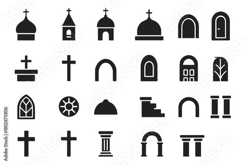A set of 24 black silhouette icons depicting architectural elements of Christian temples and churches (mainly details of facades and structures).