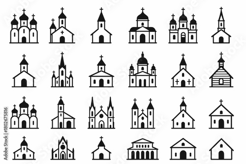 A large set of 30 minimalist black and white line icons of churches and temples of various styles and denominations.