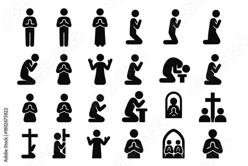 A set of 18 black silhouette icons depicting people in prayer. All figures are rendered in a simple, minimalist style and convey different poses and contexts of Christian prayer.