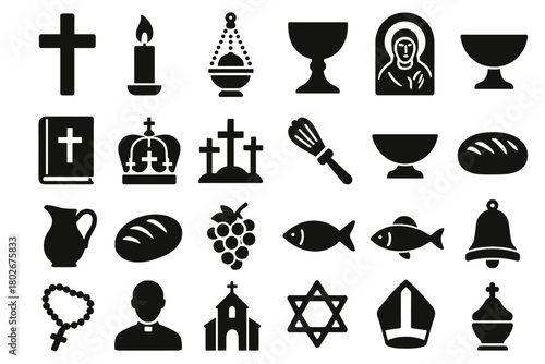 A set of 24 black silhouette icons depicting objects and symbols associated mainly with Christian worship and liturgy (with a small admixture of Jewish symbols).