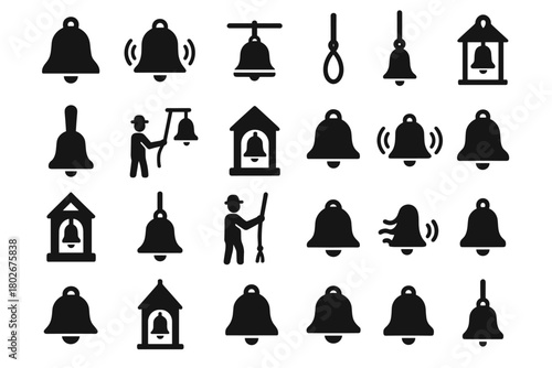 A set of 24 black silhouette icons on the theme of bells (mainly church bells).