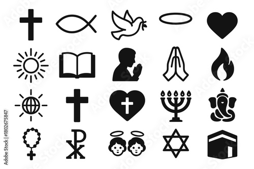 A set of 20 black silhouette icons representing symbols of various world religions and general spiritual concepts (interreligious/multireligious set).