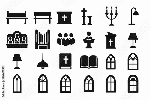 A set (24 pieces) of black silhouette icons depicting Christian church interiors and elements of worship.