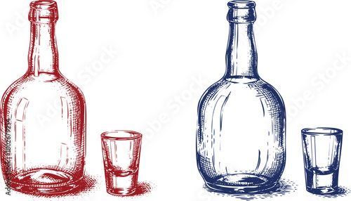 Two Empty Bottles and Shot Glasses in Red and Blue Sketch Style Keywords: bottle, bottles, shot glass, glasses, empty, red, blue
